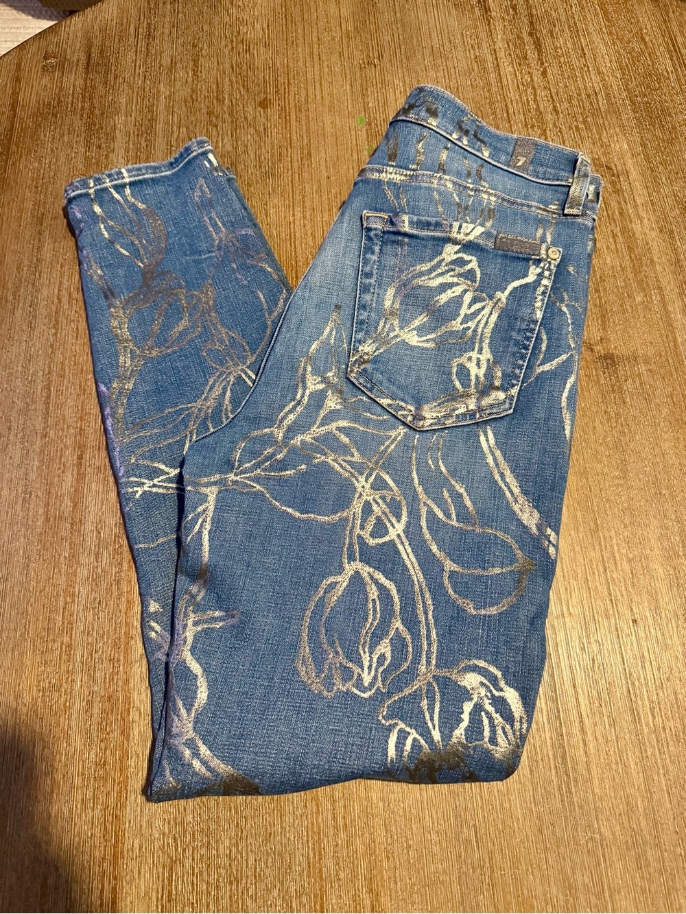 7 For All Mankind Blue Skinny Jeans with Metallic Floral Print - Picture 2 of 7